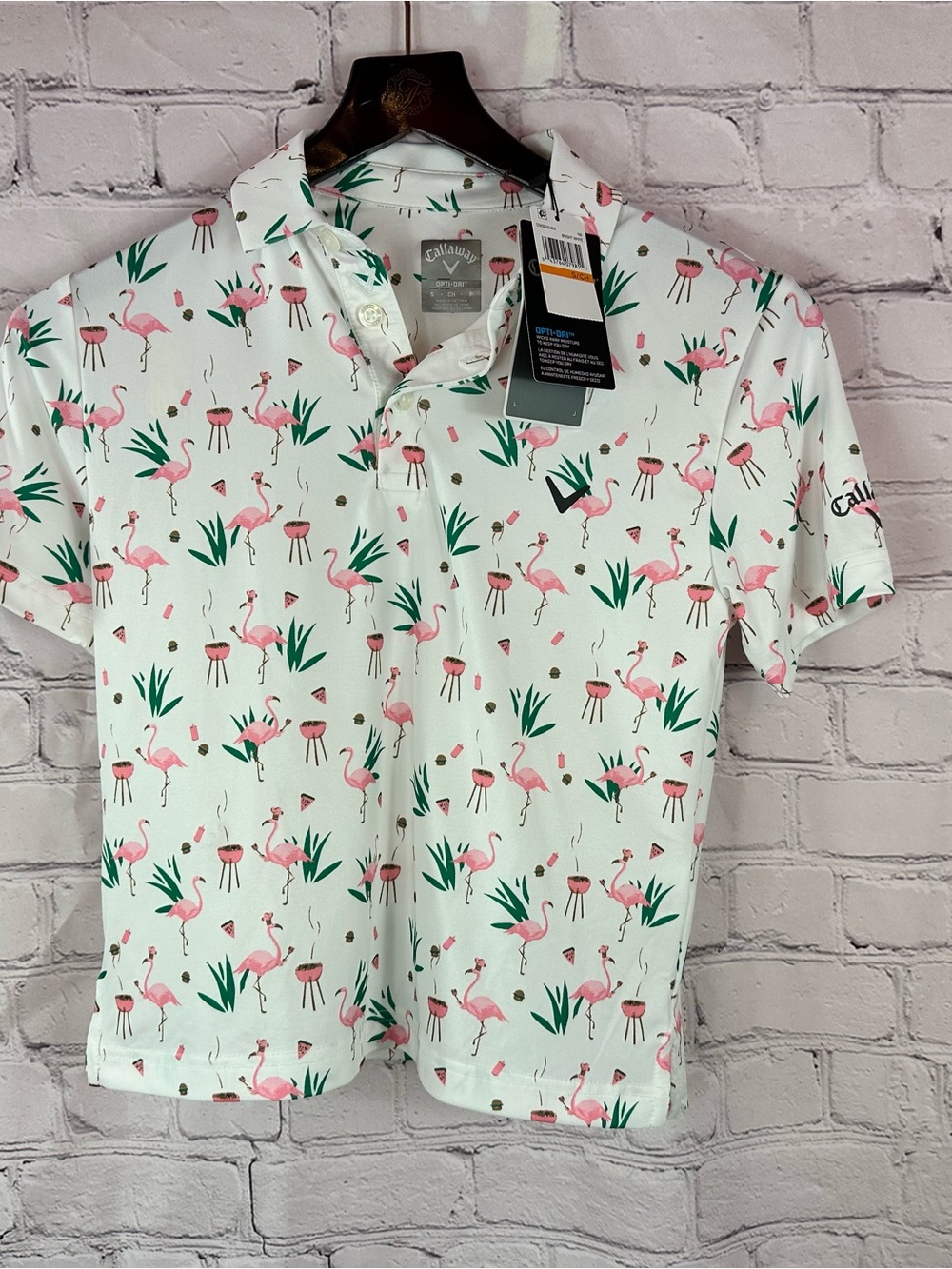 Callaway Bright White Polo with Pink Flamingo and Green Leaf Print
